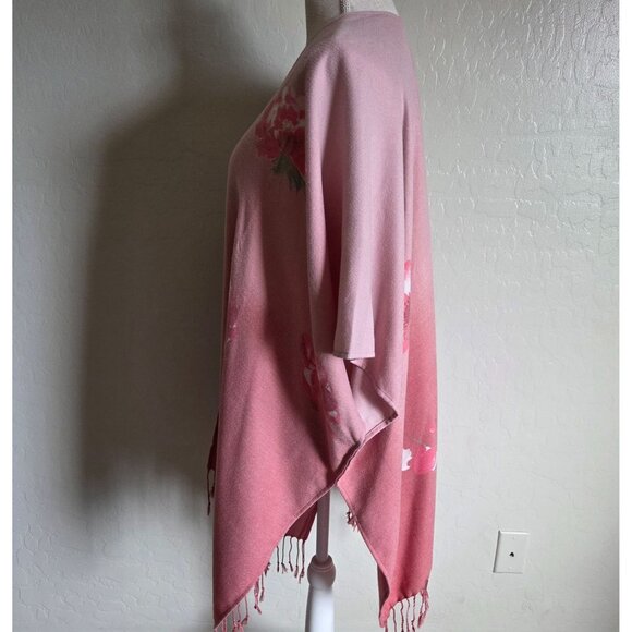 Chico's Floral Fringe Ruana Kimono Wrap Ombre Pink Women's One Size Open Front - Picture 9 of 10